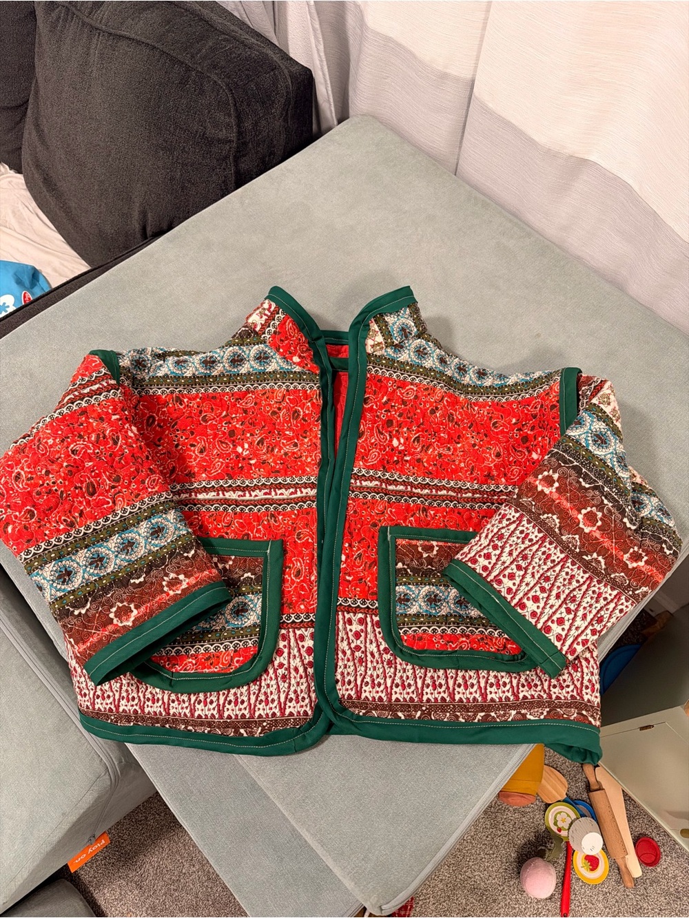Quilted Patchwork upcycled Jacket in Red with Green Trim M/L